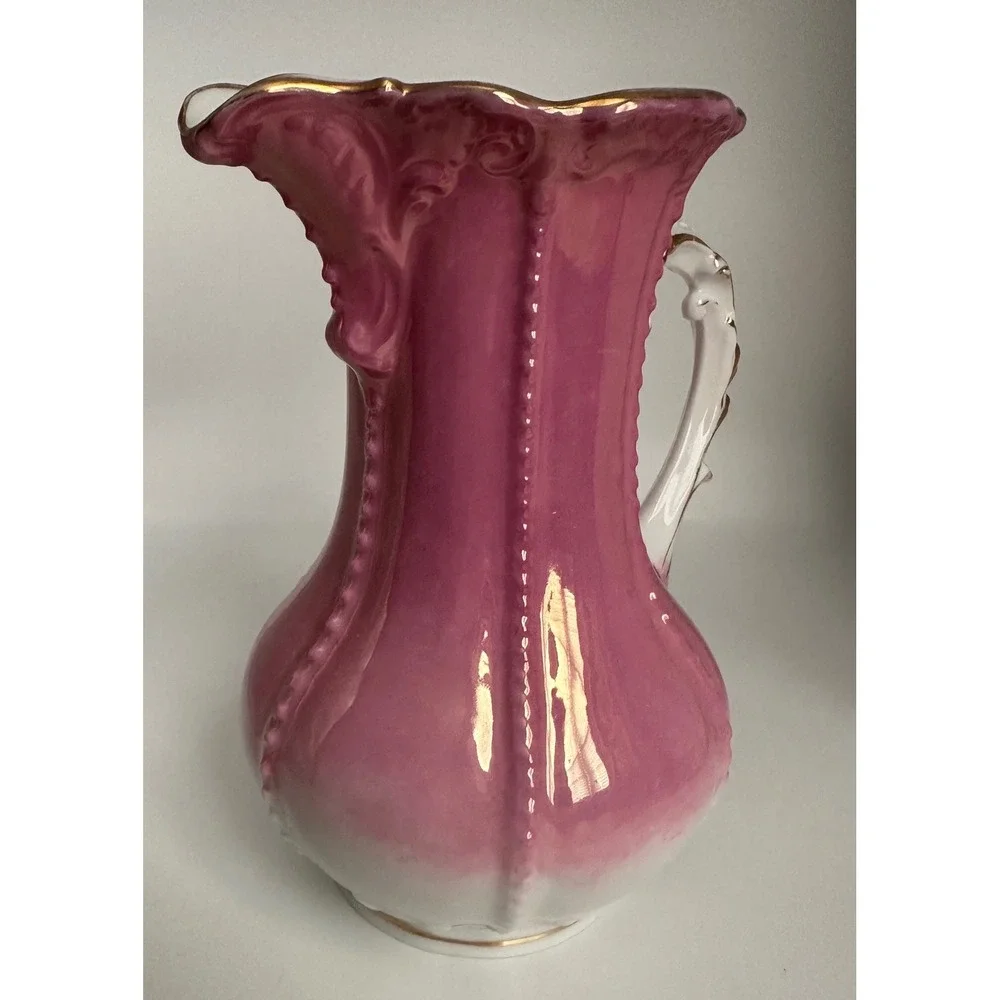 VTG Pink Ombre Porcelain Pitcher Gold Gilded Ornate Handle Mold 6975‎ Victorian